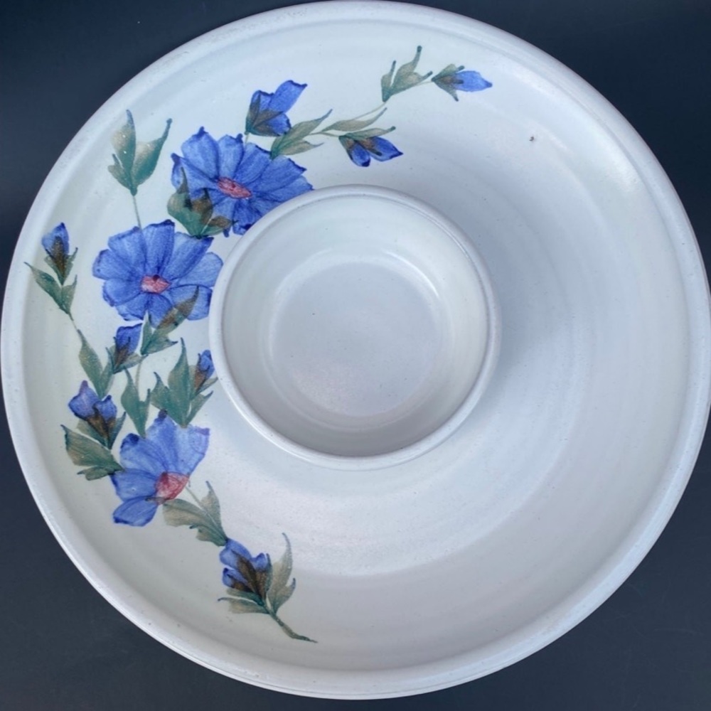 Clayworks Ltd Handmade & Painted Chip and Dip Plate With Blue Flowers Pottery